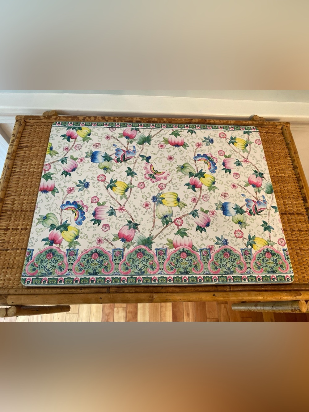 Williams Sonoma Famille Rose Cork Backed Placemats Pink, Yellow & Blue Floral